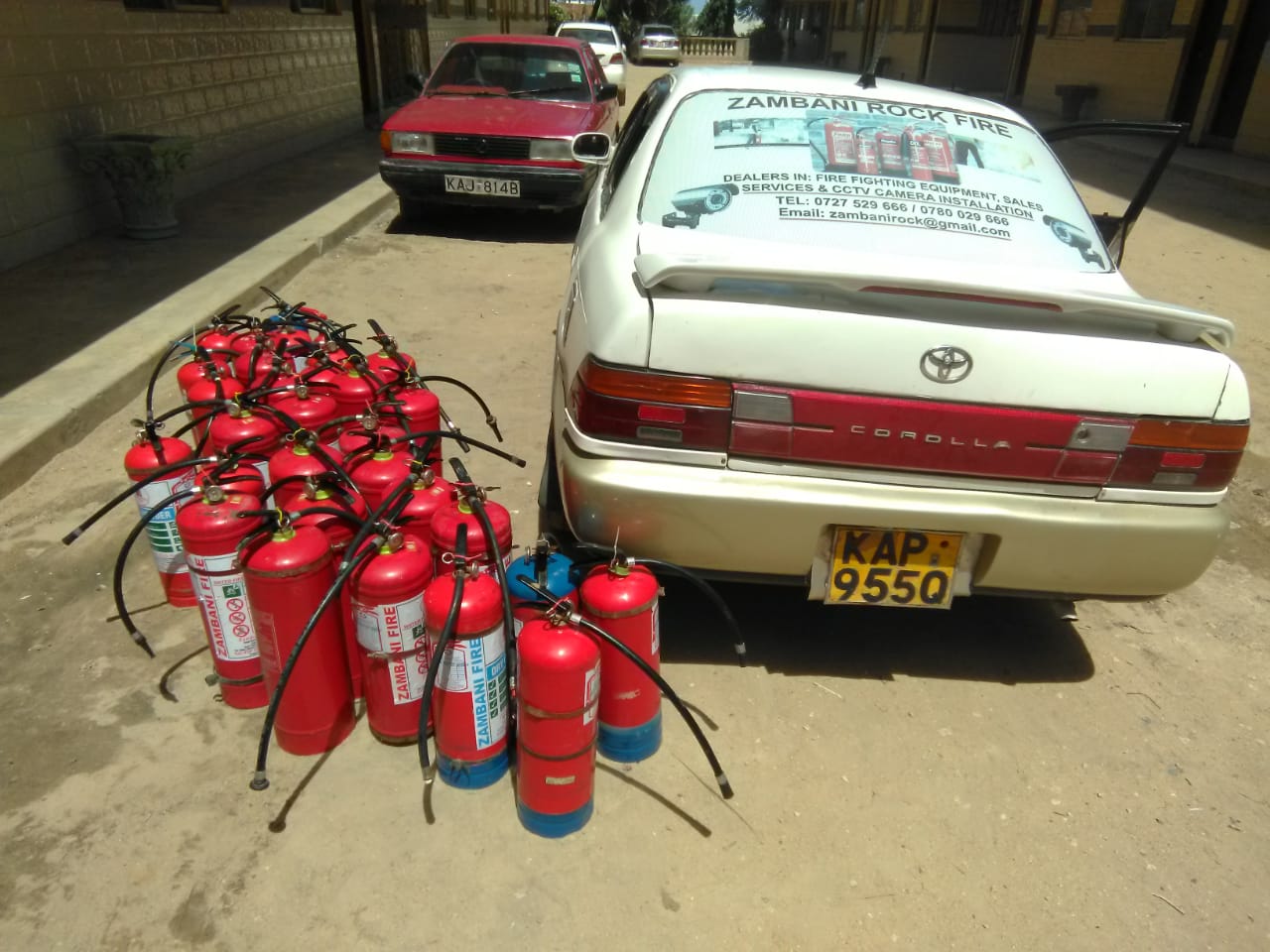 Zambani Rock Fire fleet of fire extinguishers ready for servicing and refilling, Kenya